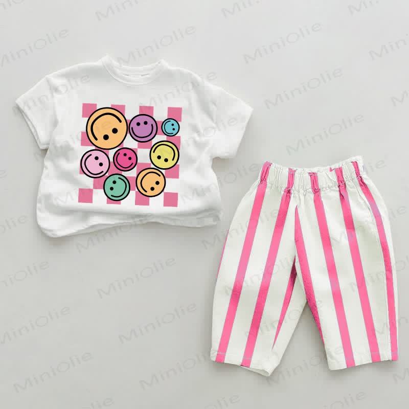 Baby Colorful Smiling Face Pink Vertical Striped 2-piece Set - White&Pink - 2-3T - image 1