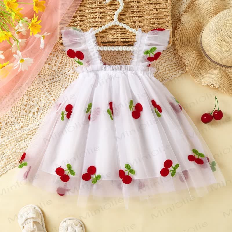 Baby Girl Sweet Flying Sleeves Mesh Dress - White Cherry - 3-4Y - image 3