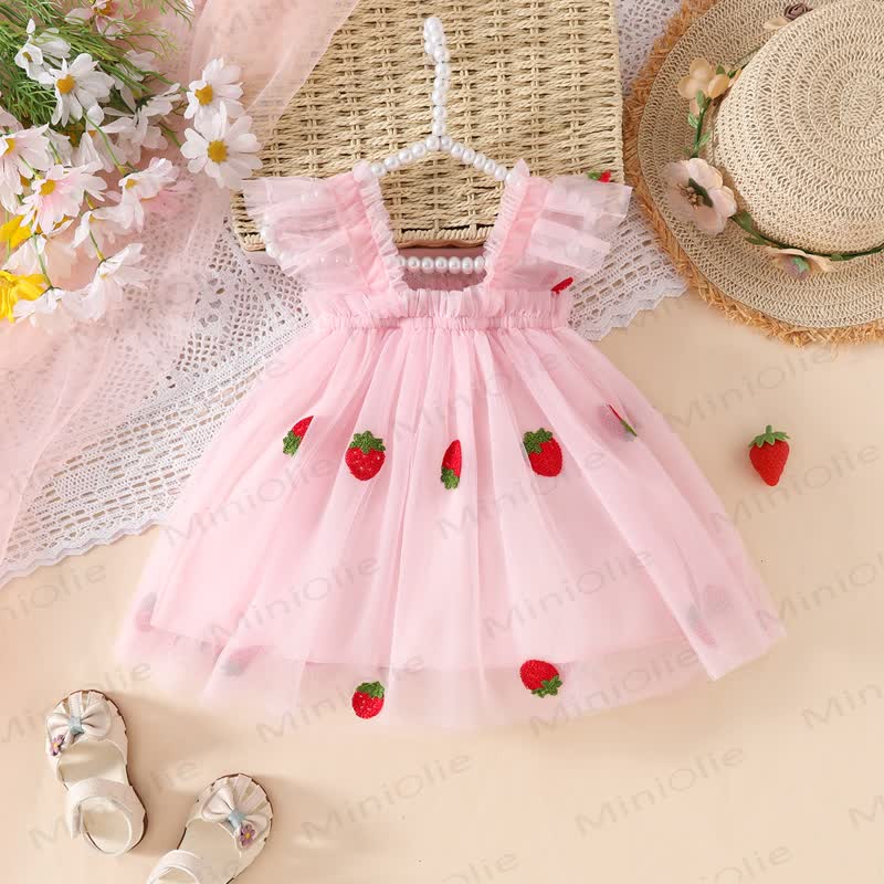Baby Girl Sweet Flying Sleeves Mesh Dress - Pink Strawberry - 3-4Y - image 4