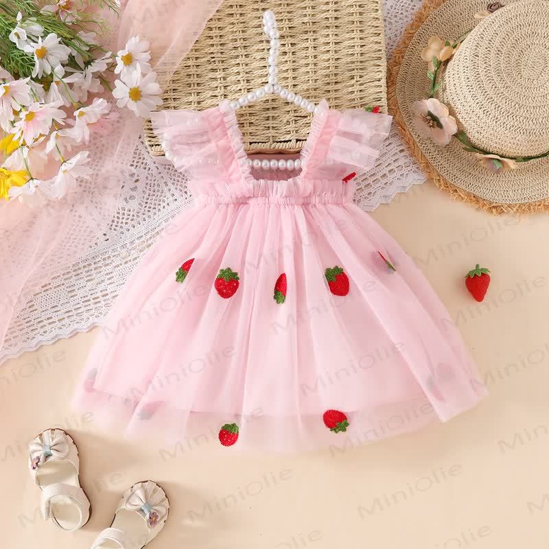 Baby Girl Sweet Flying Sleeves Mesh Dress - Pink Strawberry - 3-4Y - image 4