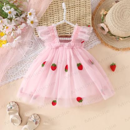 Baby Girl Sweet Flying Sleeves Mesh Dress - Pink Strawberry - 3-4Y - image 4