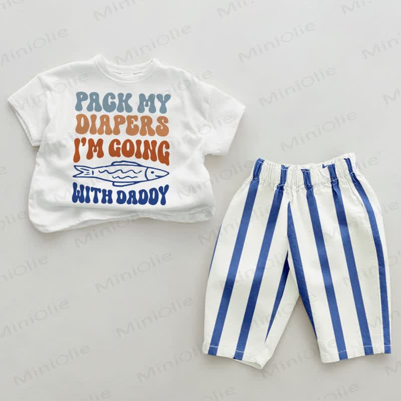 PACK MY DIAPERS I'M GOING WITH DADDY Baby 2-piece Fish Blue Vertical Striped Set - White&Blue - 2-3T - image 1