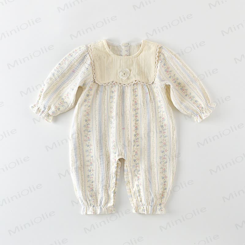 Baby Girls Beige Floral Lace Bib Collar Romper - Beige - 18-24M - image 1
