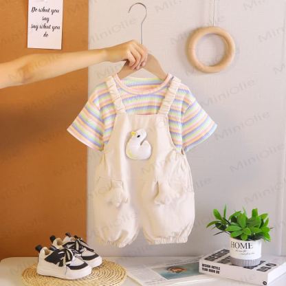 Toddler 2-Piece Duck Striped Overalls Set - Beige - 5-7T - image 2