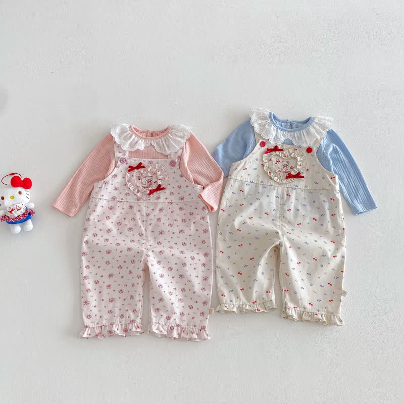 Baby Toddler Girl 2-piece Love Bow Cat Flower Overalls/Solid Color Top Set - image 1