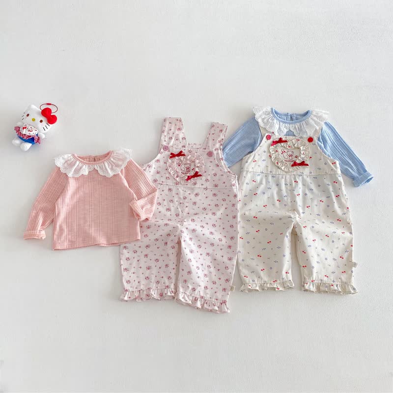 Baby Toddler Girl 2-piece Love Bow Cat Flower Overalls/Solid Color Top Set - image 2