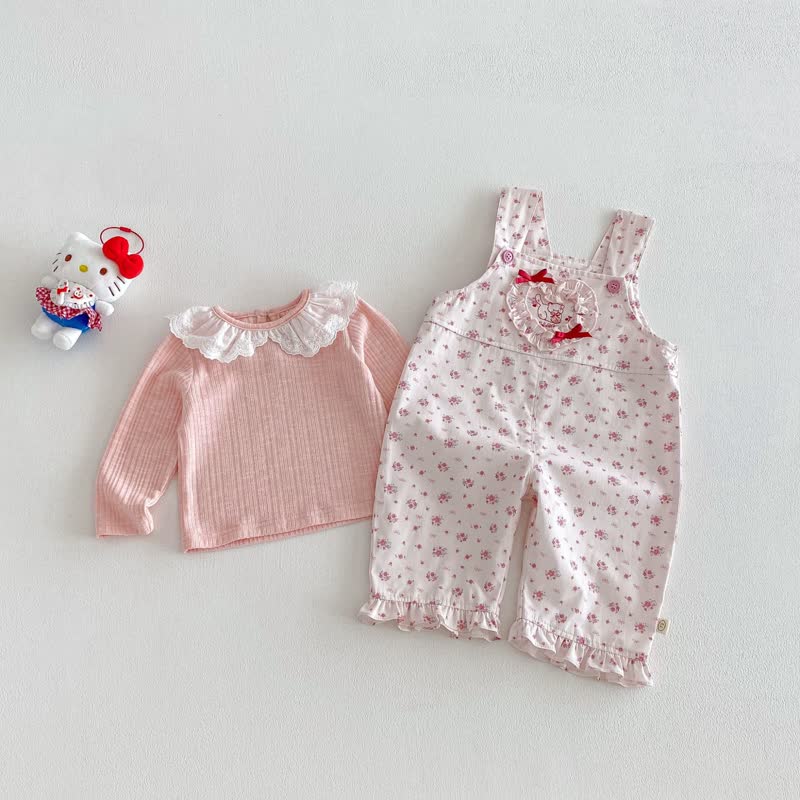 Baby Toddler Girl 2-piece Love Bow Cat Flower Overalls/Solid Color Top Set - image 4