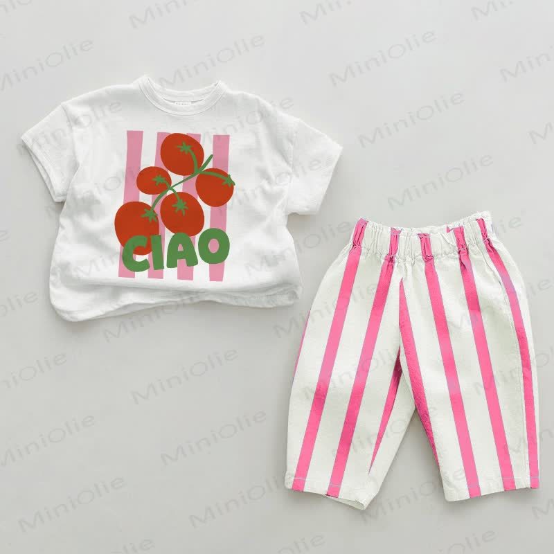 CIAO Baby Tomato Pink Vertical Striped 2-piece Set - White&Pink - 2-3T - image 1