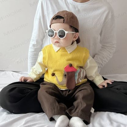 Baby Toddler Boy Knit Dog Tank Top/Beige Top/Brown Pants - image 4