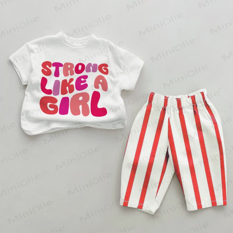 STRONG LIKE A GIRL Baby Red Vertical Striped 2-piece Set - White&Red - 2-3T - image 1