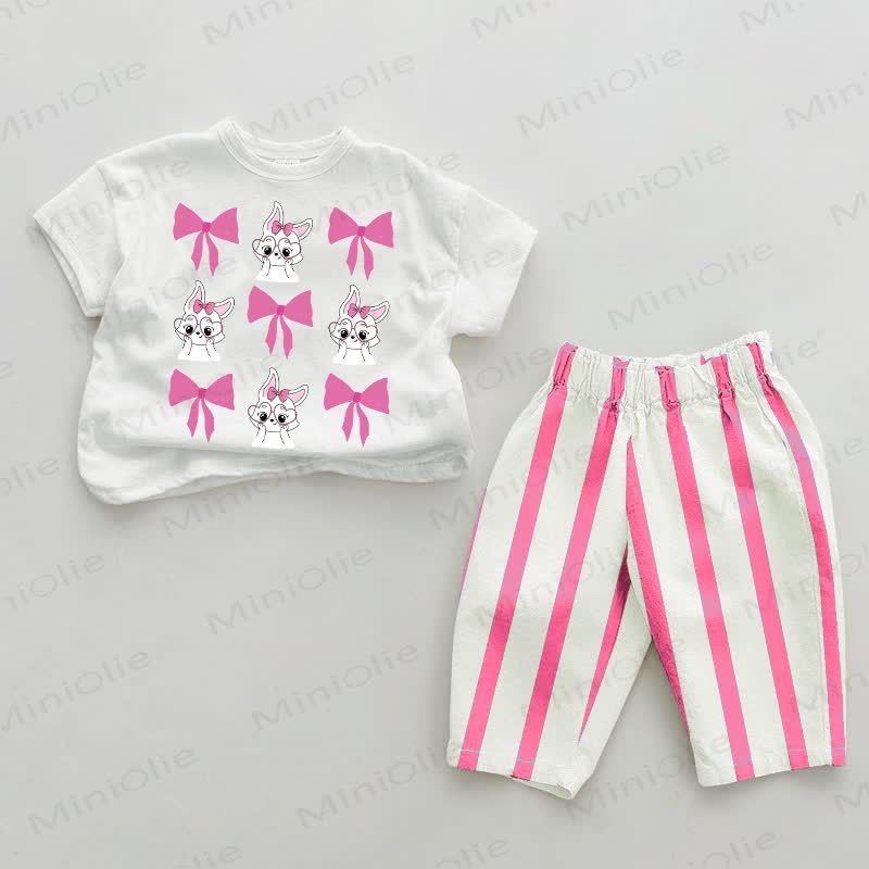 Baby Bow Bunny Pink Vertical Striped 2-piece Set - White&Pink - 2-3T - image 1