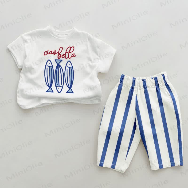 CIAO BELLA Baby Fish Blue Vertical Striped 2-piece Set - White&Blue - 2-3T - image 1