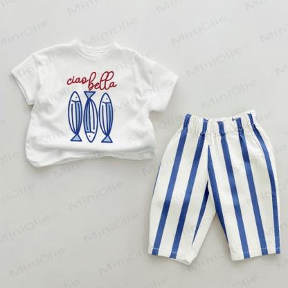 CIAO BELLA Baby Fish Blue Vertical Striped 2-piece Set - White&Blue - 2-3T - image 1