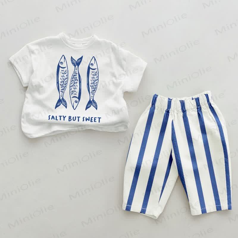 SALTY BUT SWEET Baby 2-piece Fish Blue Vertical Striped Set - White&Blue - 2-3T - image 1