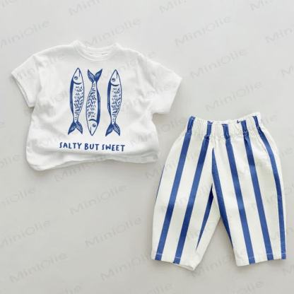 SALTY BUT SWEET Baby 2-piece Fish Blue Vertical Striped Set - White&Blue - 2-3T - image 1