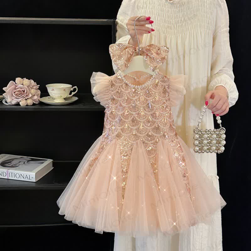 Toddler Kid Girl Sequin Mesh Flying Sleeves Dress - Pink - 12Y - image 1