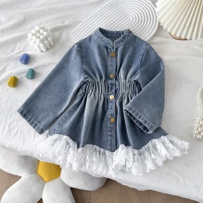 Toddler Kid Girl Solid Color Denim Lace Dress - Blue - 8Y - image 1