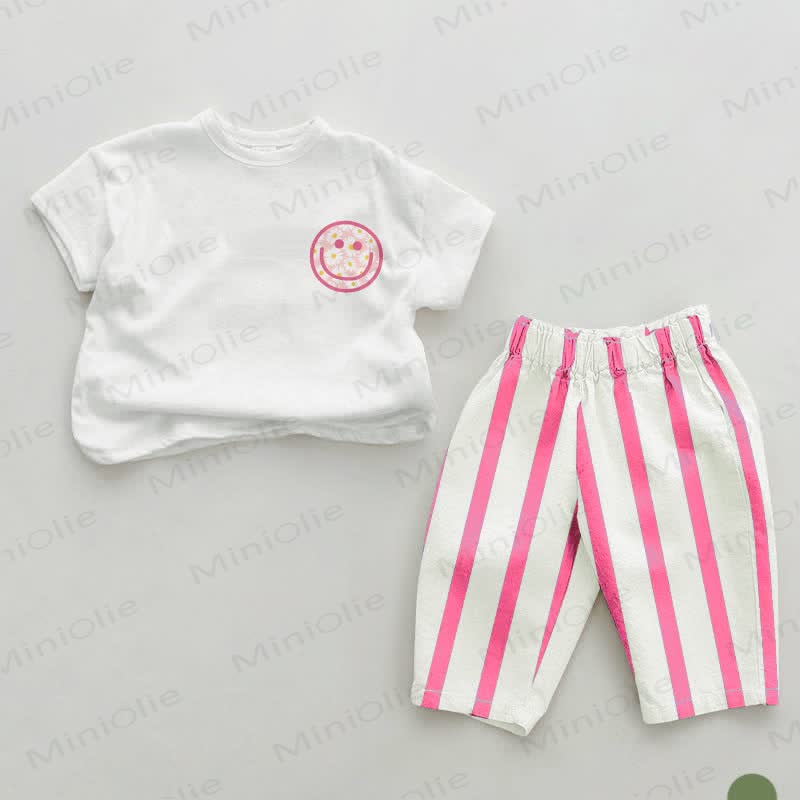 Baby Daisy Smiley Face Pink Vertical Striped 2-piece Set - White&Pink - 2-3T - image 1