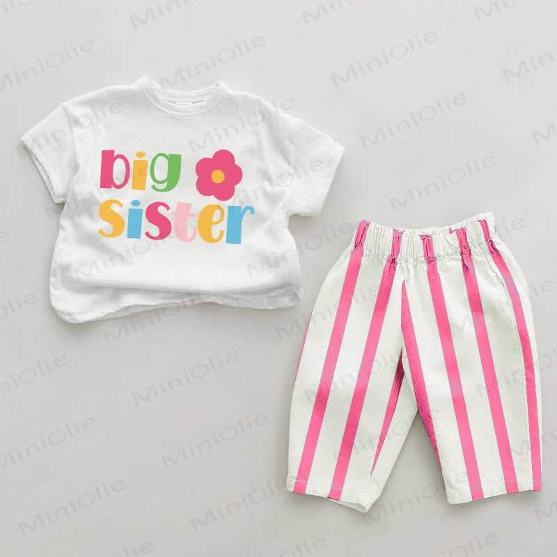 BIG SISTER Baby Flower Pink Vertical Striped 2-piece Set - White&Pink - 2-3T - image 1
