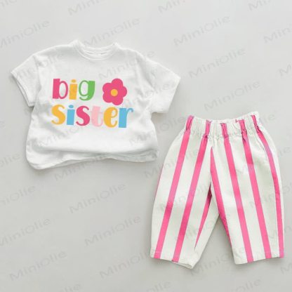 BIG SISTER Baby Flower Pink Vertical Striped 2-piece Set - White&Pink - 2-3T - image 1