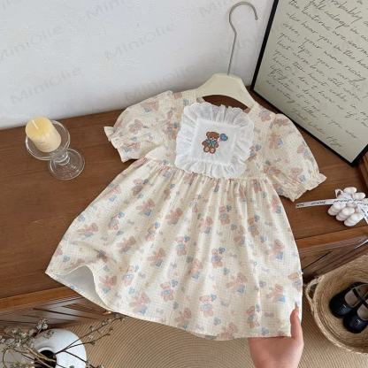 Toddler Girl Bows Love Bear Lace Dress - Beige - 8Y - image 1