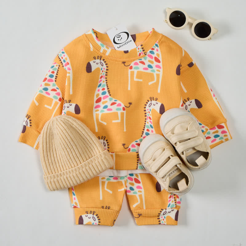 Baby Toddler Giraffe Waffle Sweatshirt 2-piece Set - Yellow - 2-3T - image 1
