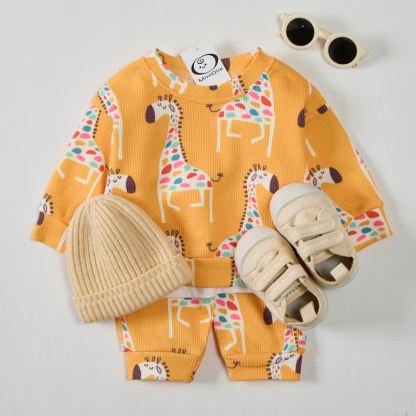 Baby Toddler Giraffe Waffle Sweatshirt 2-piece Set - Yellow - 2-3T - image 1