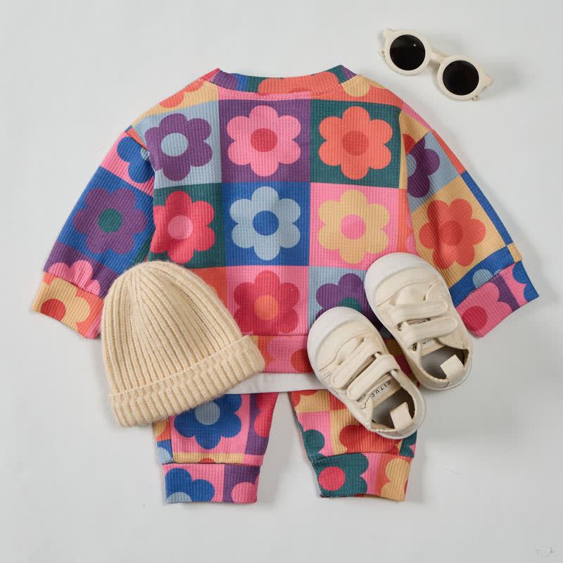 Baby Waffle Colorful Plaid Flower Sweatshirt 2-piece Pink Set - image 2