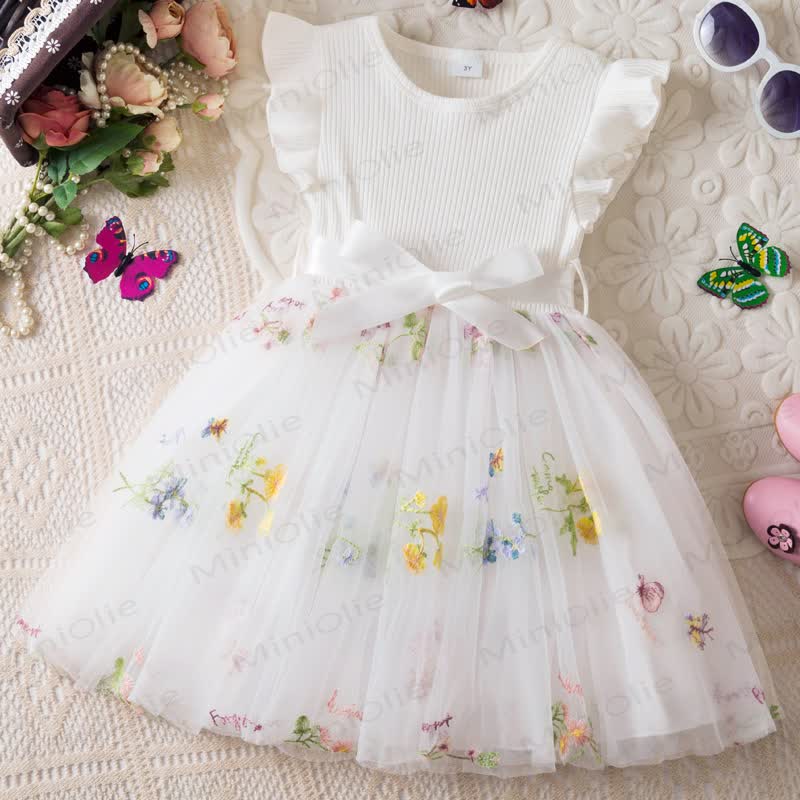 Baby Toddler Girl Bow Embroidered Flower Mesh Dress - White - 5Y - image 1