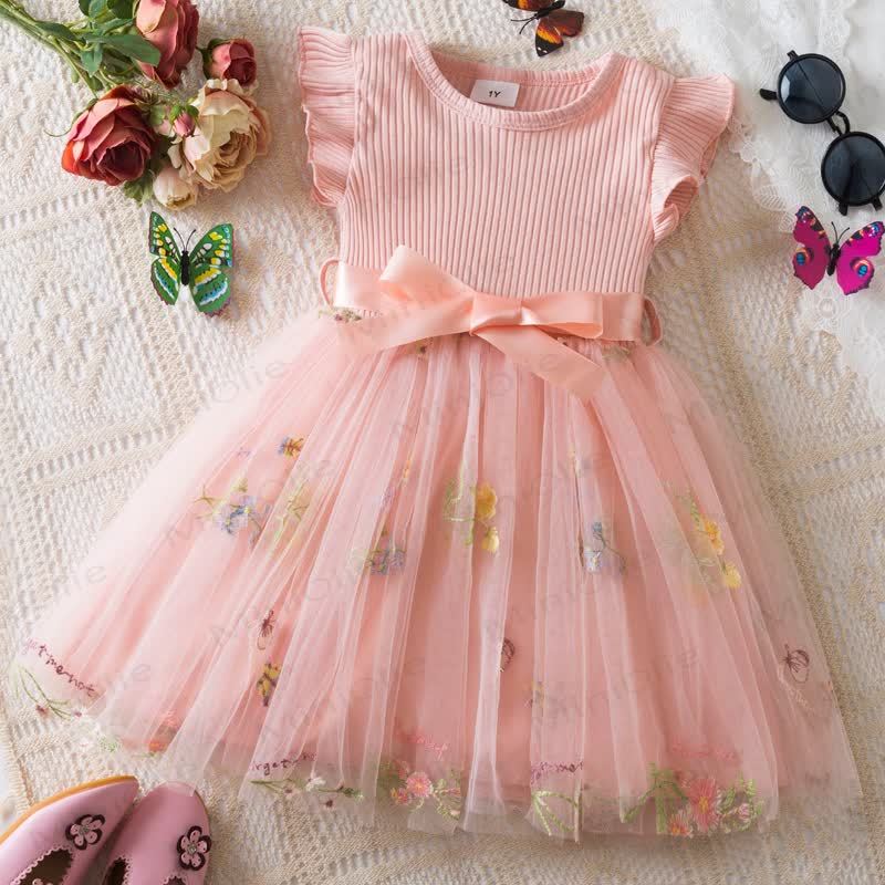 Baby Toddler Girl Bow Embroidered Flower Mesh Dress - Pink - 5Y - image 2