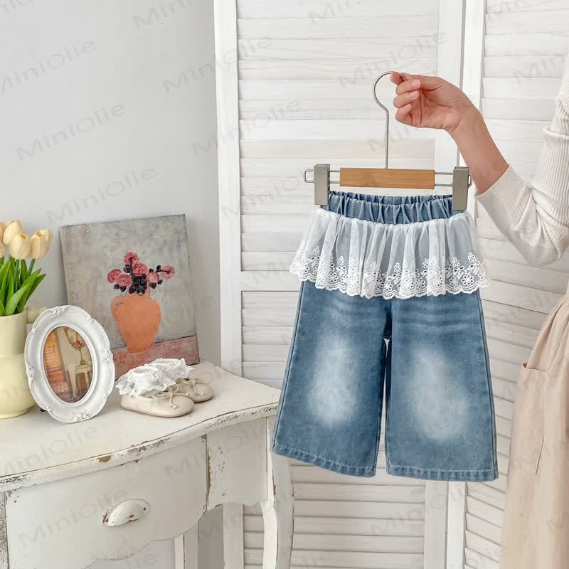 Baby Toddler Girl Solid Color Denim Lace Pants - Blue - 5-7T - image 1