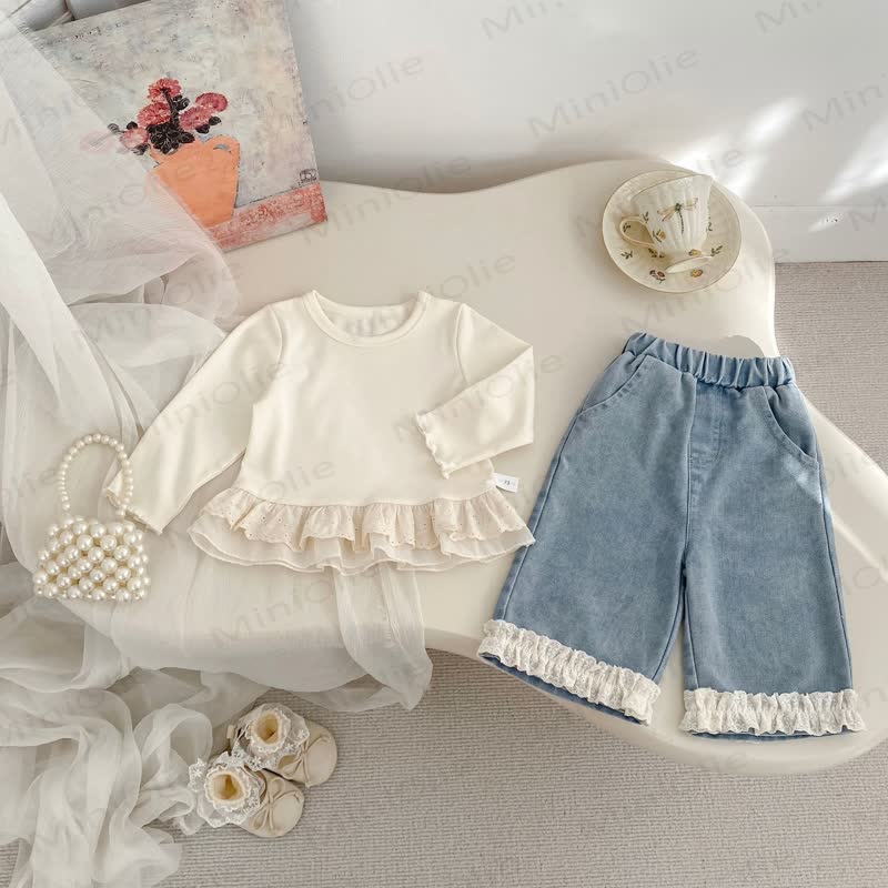 Baby Toddler Girl Solid Color White Lace Top/Blue Denim Pants - image 1