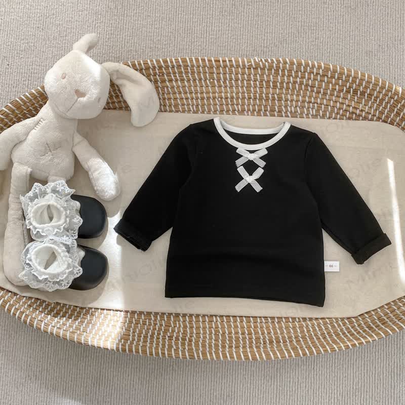 Baby Toddler Girl Solid Color Bow Top/Black Dot Pants - Black Top - 5-7T - image 6