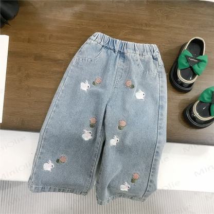 Toddler Kid Girl Denim Blue Flower Bow/Bunny Pants - Flower Bunny - 10Y - image 4