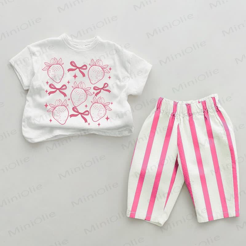 Baby Bow Strawberry Pink Vertical Striped 2-piece Set - White&Pink - 2-3T - image 1