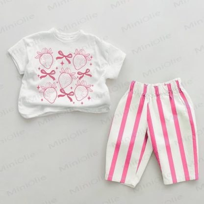 Baby Bow Strawberry Pink Vertical Striped 2-piece Set - White&Pink - 2-3T - image 1