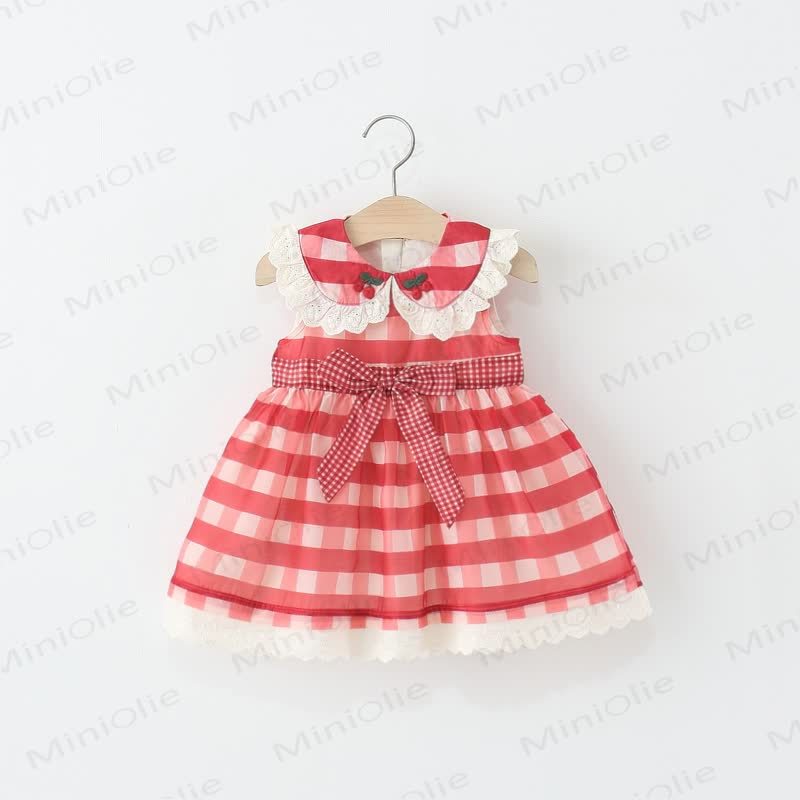 Baby Toddler Red Plaid Bow Cherry Dress  - Red Plaid - 5-7T - image 1