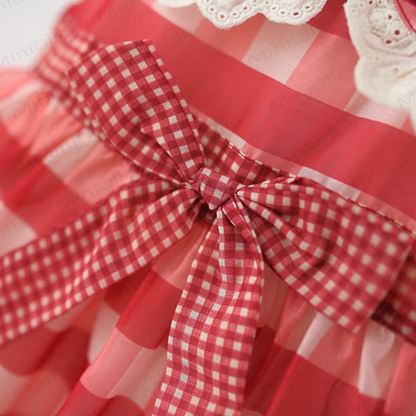 Baby Toddler Red Plaid Bow Cherry Dress  - image 7