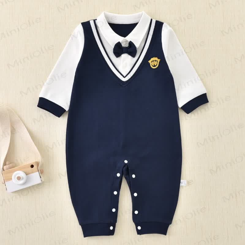 Baby Fake 2pcs Bow Dark Blue Romper - Dark Blue - 18-24M - image 1