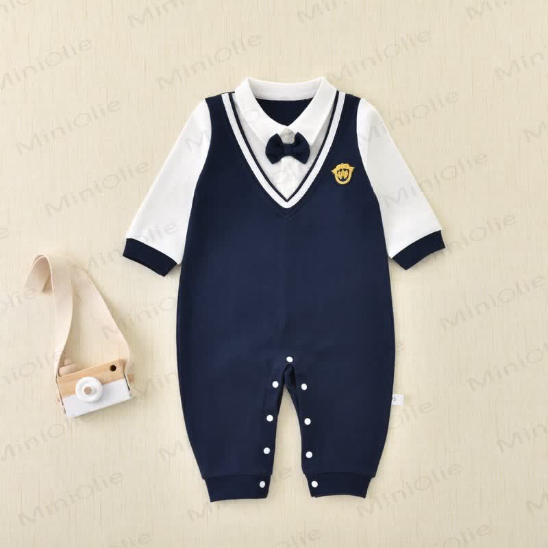 Baby Fake 2pcs Bow Dark Blue Romper - image 2