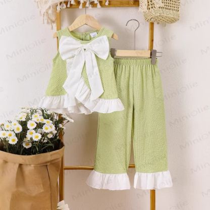 Toddler Kid Girl Sweet Bow Waffle 2-piece Set - Light Green - 7Y - image 1