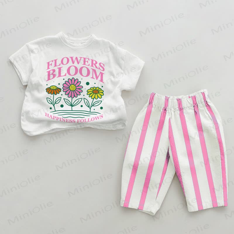 FLOWERS BLOOM HAPPINESS FOLLOWS Baby Pink Vertical Striped 2-piece Set - White&Pink - 2-3T - image 1
