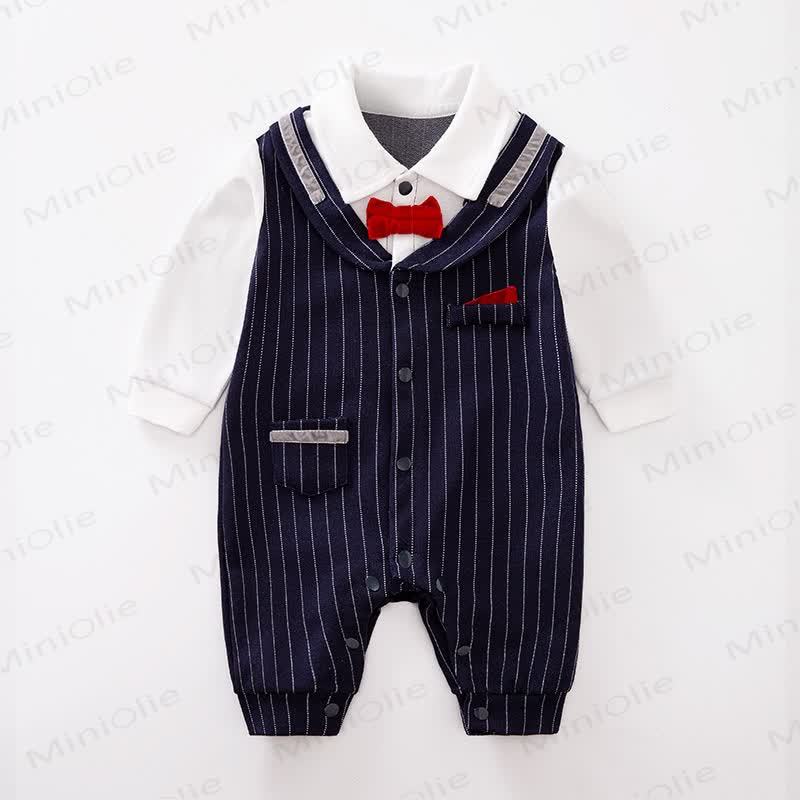 Baby Fake 2pcs Bow Striped Romper - Dark Blue - 18-24M - image 1