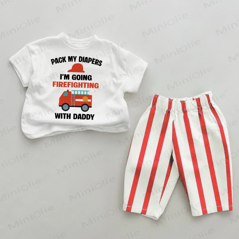 PACK MY DIAPERS I'M GOING FIREFIGHTING WITH DADDY Baby Red Vertical Striped 2-piece Set - White&Red - 2-3T - image 1