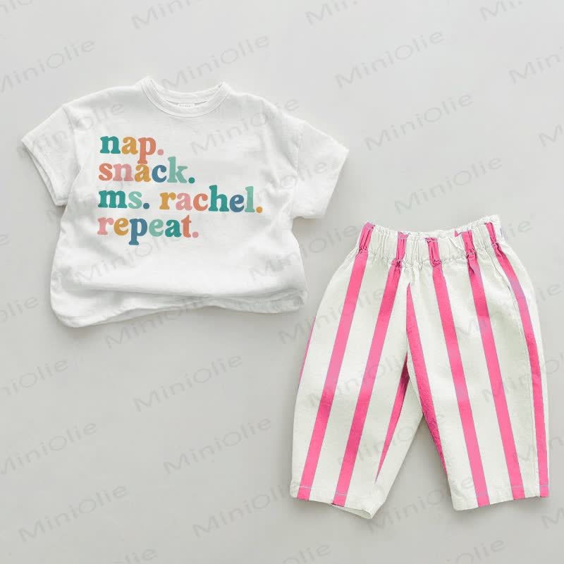 NAP. SNACK. MS. RACHEL. REPEAT. Baby Pink Vertical Striped 2-piece Set - White&Pink - 2-3T - image 1