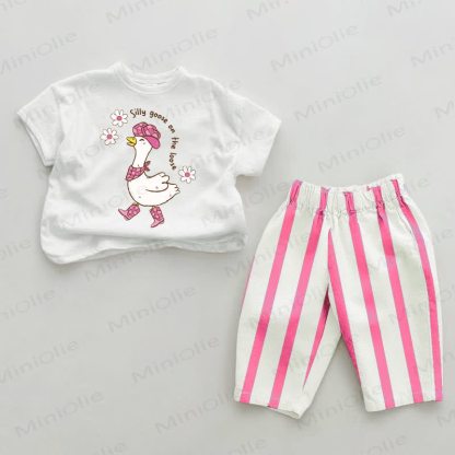 SILLY GOOSE ON THE LOOSE Baby Flower Pink Vertical Striped 2-piece Set - White&Pink - 2-3T - image 1