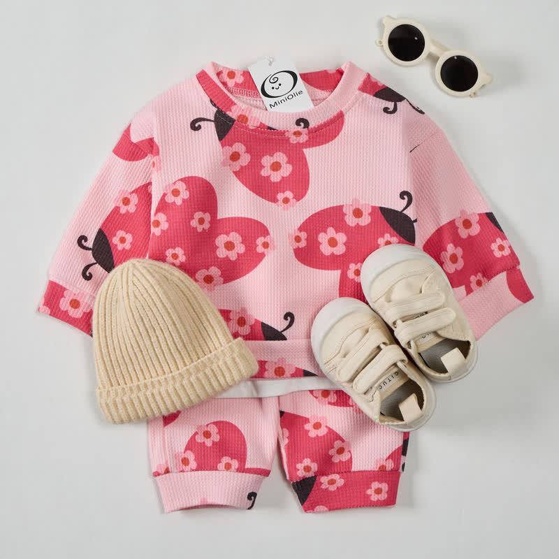  Baby Toddler Pink Floral Ladybug Sweatshirt 2-piece Set - image 2