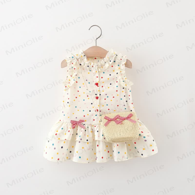 Baby Toddler Girl Bow Blue Plaid Flower/Beige Dot Dress  - Beige - 5-7T - image 2