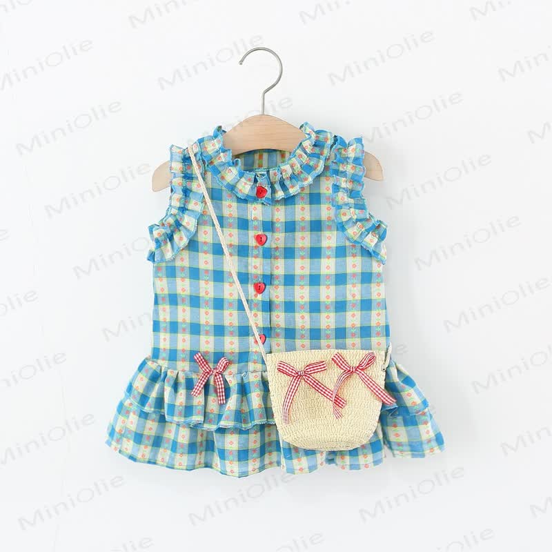 Baby Toddler Girl Bow Blue Plaid Flower/Beige Dot Dress  - Blue - 5-7T - image 1