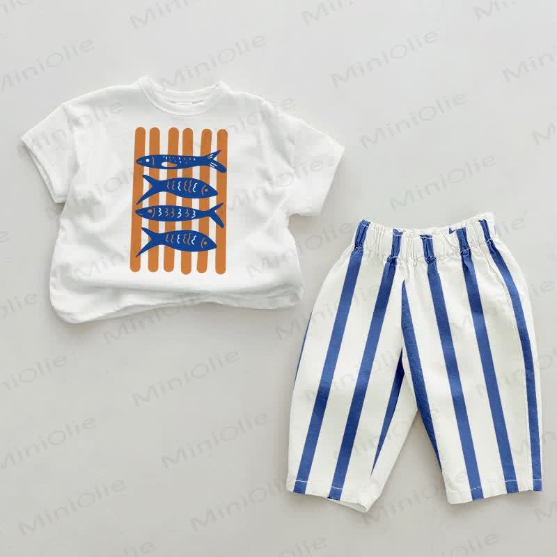 Baby Fish Blue Vertical Striped 2-piece Set - White&Blue - 2-3T - image 1
